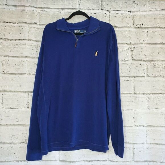 Vintage 90s Polo Ralph Lauren Sweater Blue Pony Pullover 1/4 Zip Men XXL Cotton - Picture 1 of 9